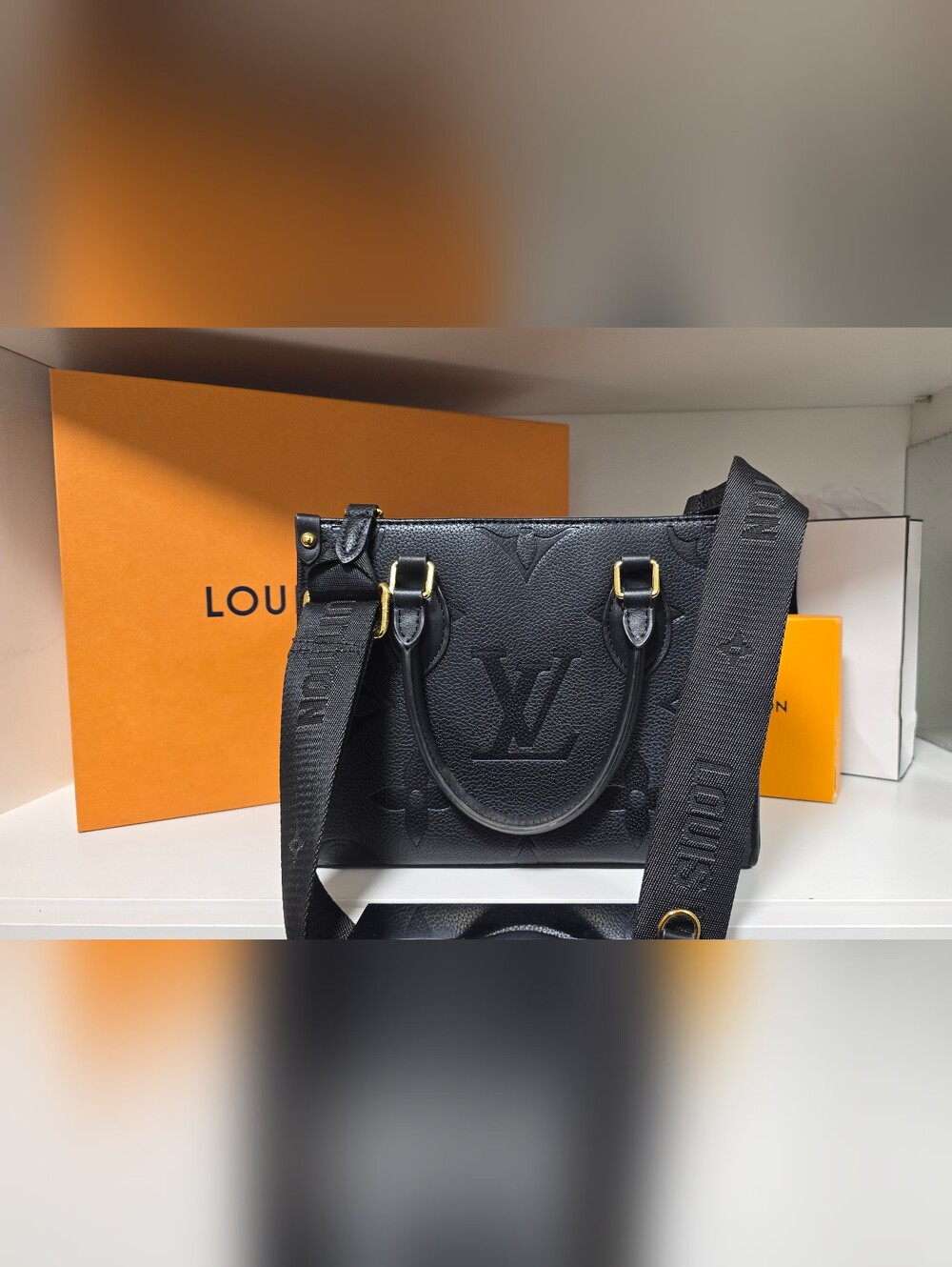 Fashion Bag Black Embossed Leather Tote Crossbody with Wide Logo Strap